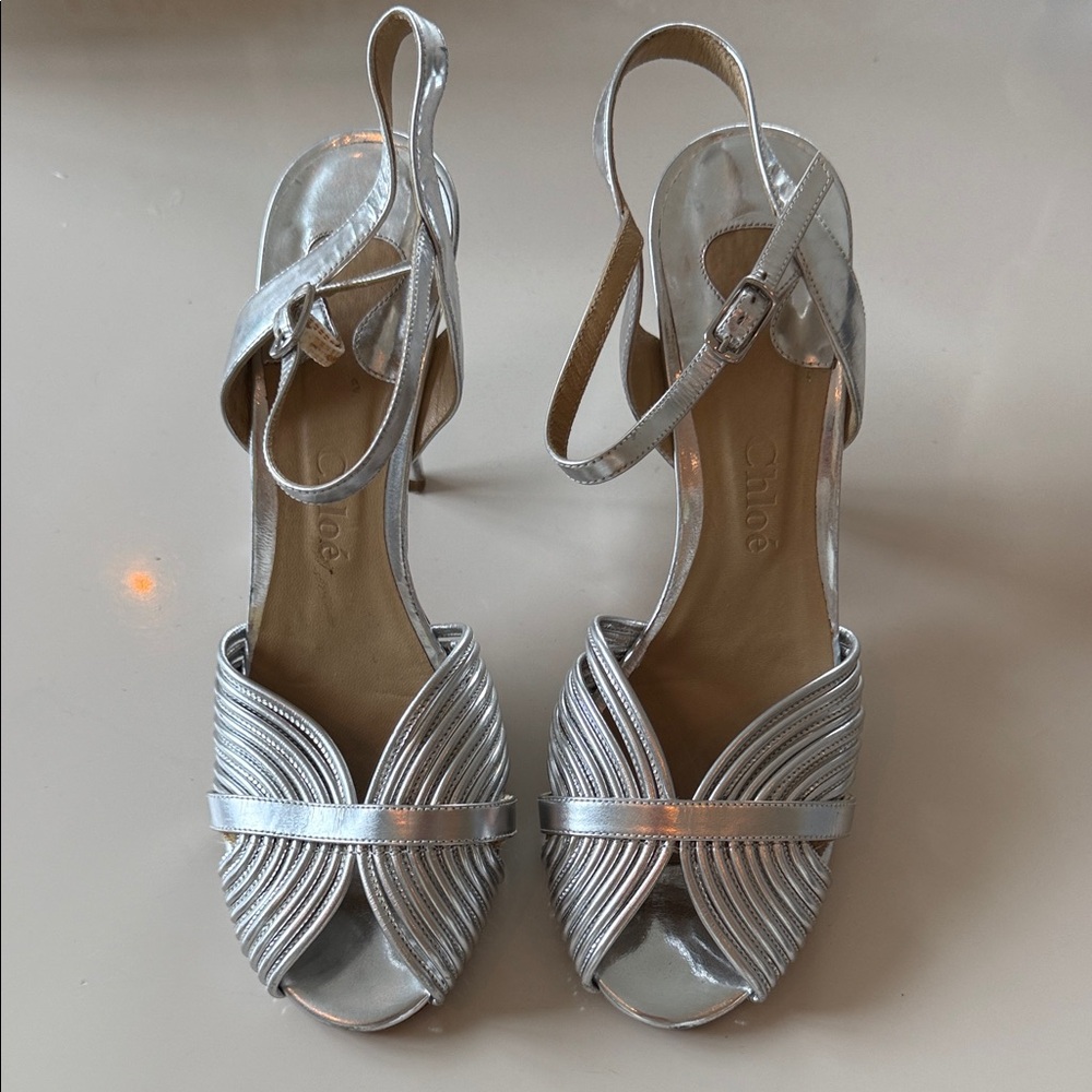 Chloé Silver Metallic Strappy Heels
